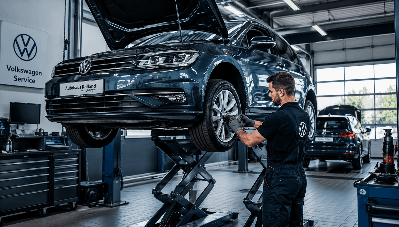 VW Auto auf der Hebebühne, Mechaniker macht Räderwechsel